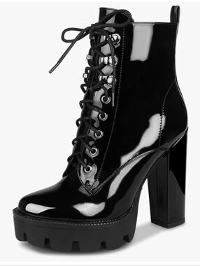 Patent Leather Lace-Up Platform Ankle Boot - Black goth vinyl